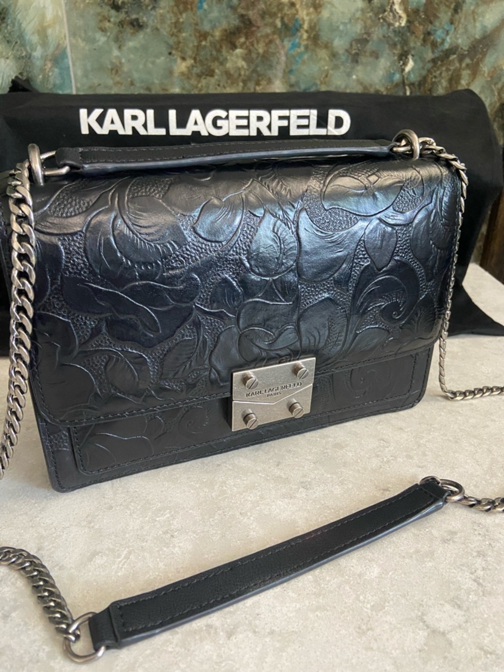 Karl Lagerfeld Black Leather Tooled Floral Crossbody Bag. - Picture 3 of 16